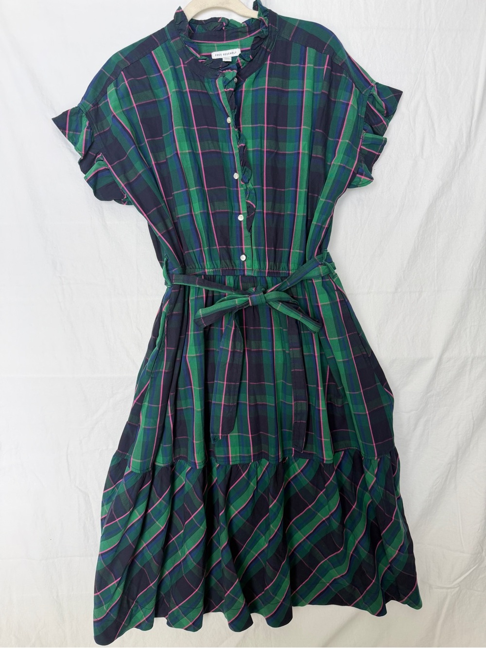 Preassembly Navy & Green Plaid Ruffle-Trim Midi Dress COTTON XL
